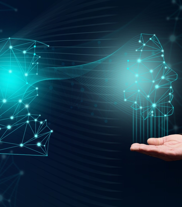 Artificial intelligence concept, robot training and technology development. Male hand under head hologram with connection