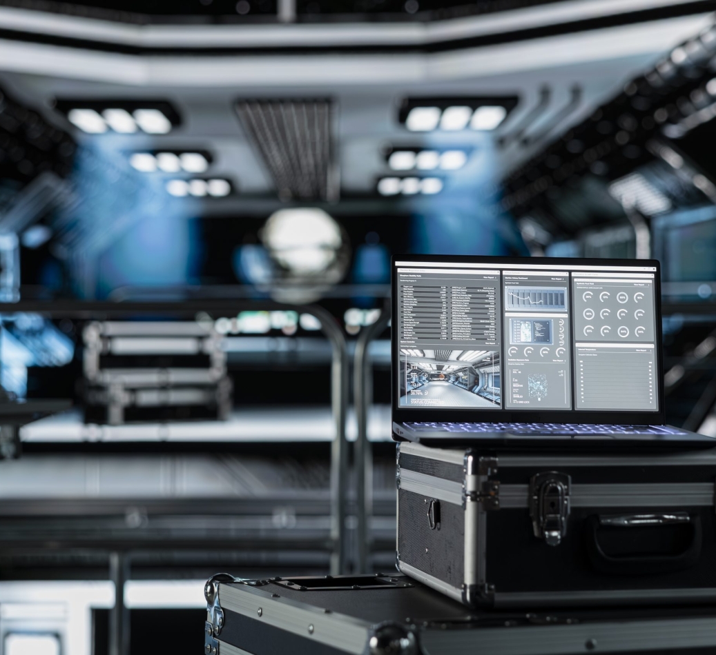 Close up of laptop inside futuristic spaceship control bay displaying diagnostics and mission telemetry. Notebook screen in spacecraft shows performance metrics and onboard system navigation support