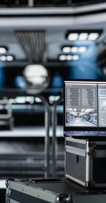 Close up of laptop inside futuristic spaceship control bay displaying diagnostics and mission telemetry. Notebook screen in spacecraft shows performance metrics and onboard system navigation support